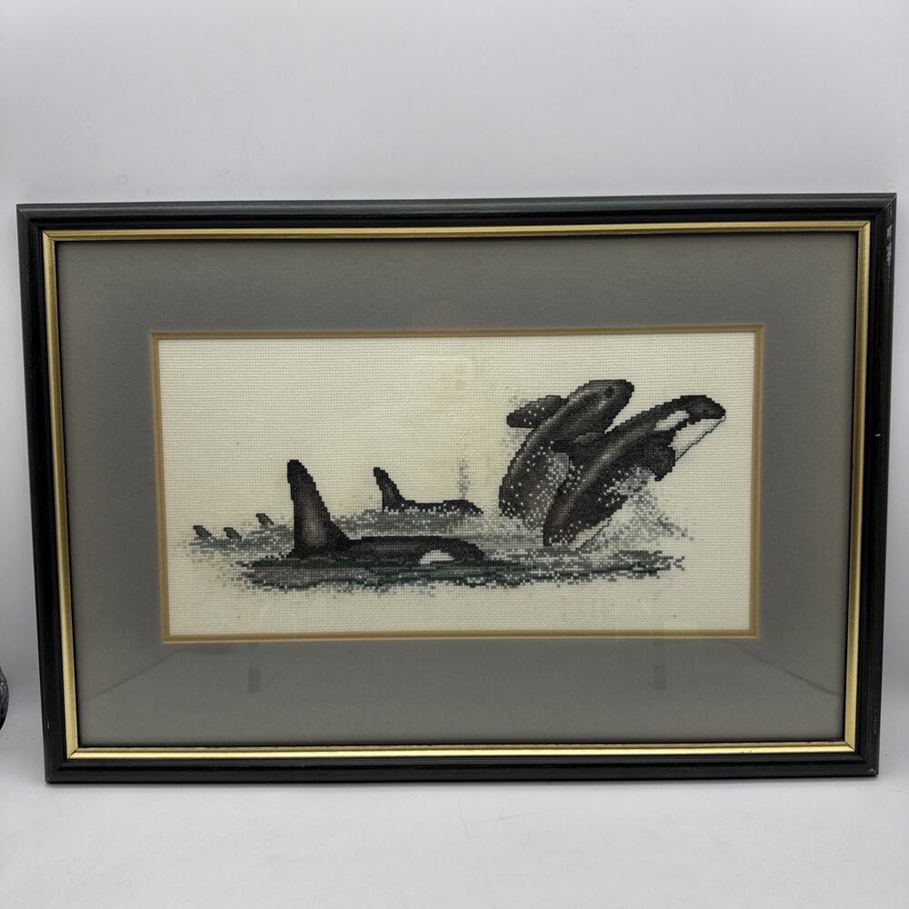 Underwater Orca Killer Whales Cross Stitch Needlepoint Framed Art Signed 1989 ⬇️